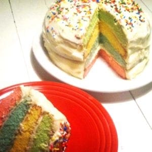 diy food: rainbow striped cake with cream cheese frosting