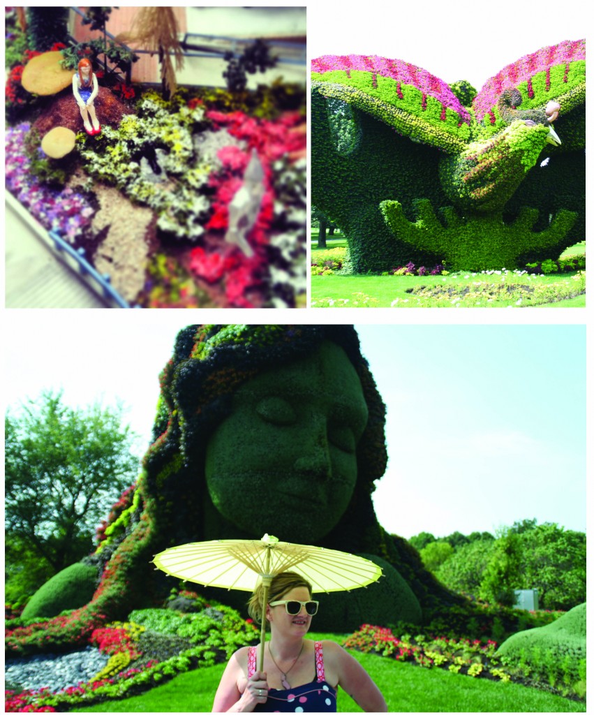a day at the jardin botanique: diorama, huge bird sculpture * me and lady made of flowers
