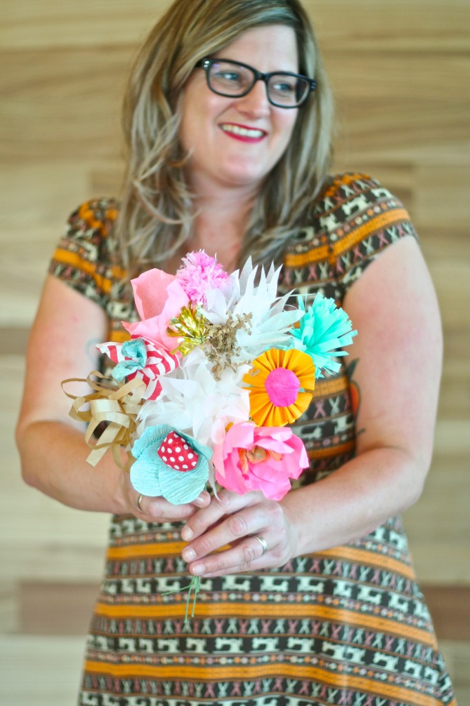 this is me (nicole stevenson aka random nicole) holding the bouquet of paper flowers i made at shed in healdsburg