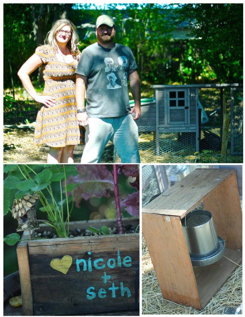 seth and i looking all proud with our chicken coop and totally non-functional fence - a planter box seth built - the box i made to house the chicken feed