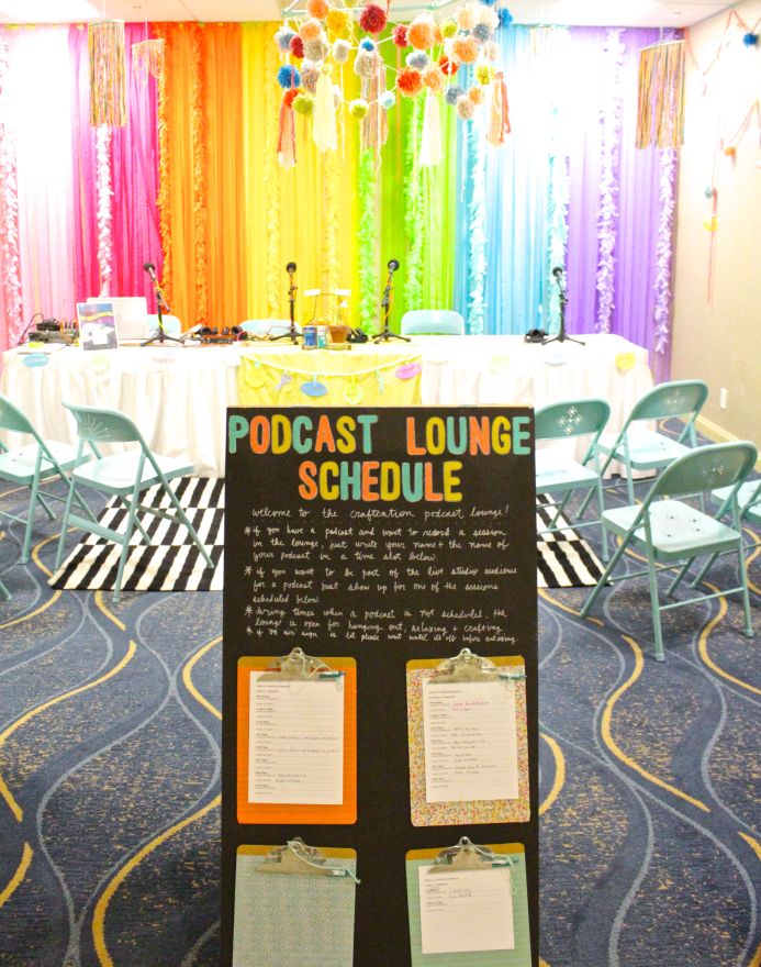 craftcation conference podcast lounge rainbow streamer yarn chandelier