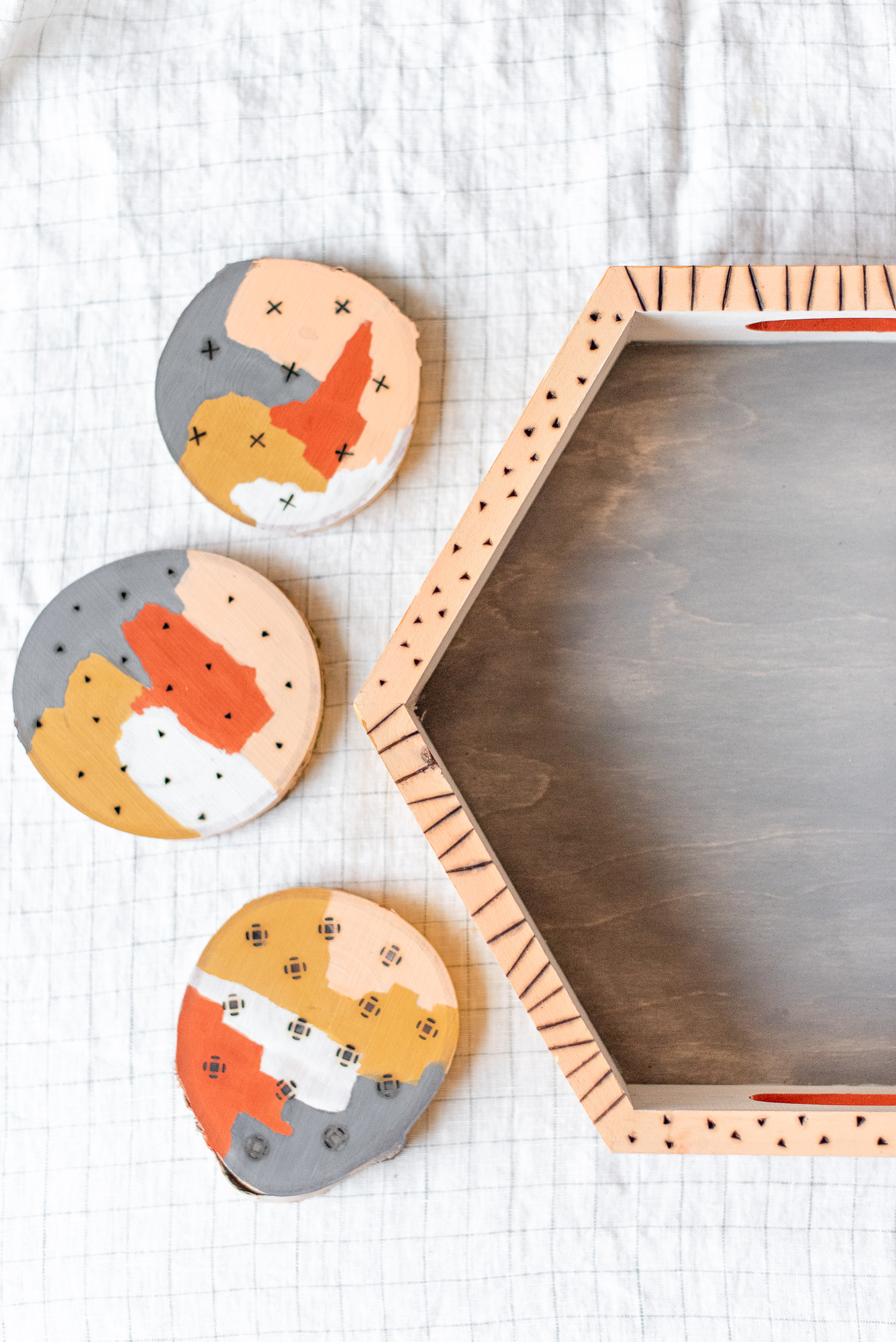 DIY wooden wood burned and painted bar tray and coaster set Dear Handmade Life